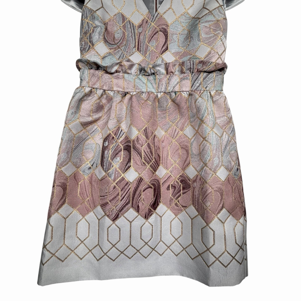 Ted Baker London Ingrida Jacquard Dress Mid Pink Gold Grey V-Neck Size 3 - Picture 2 of 9